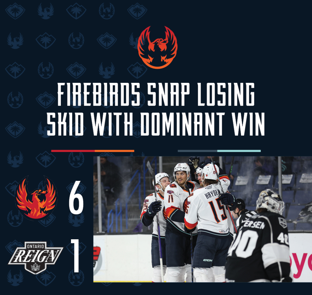 FIREBIRDS SNAP LOSING SKID WITH DOMINANT WIN OVER REIGN