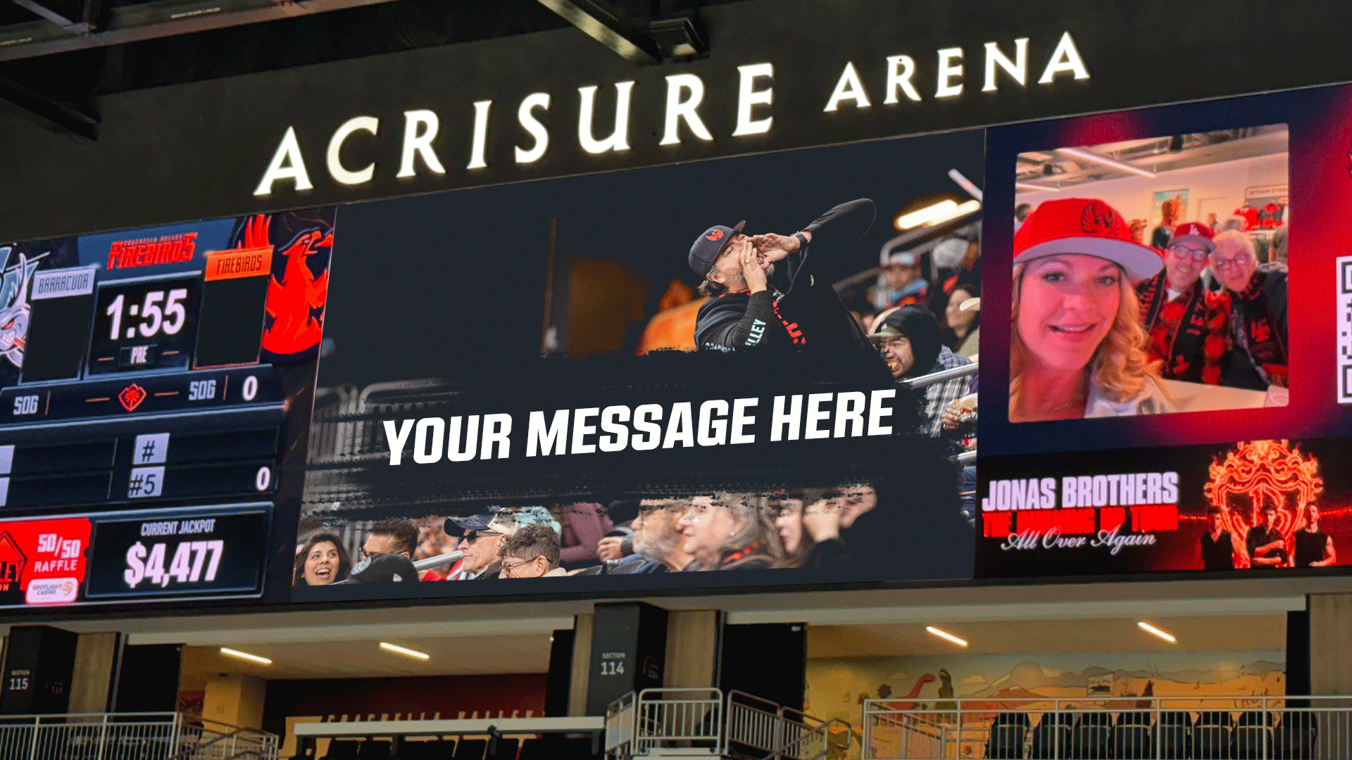 Acrisure Arena video board displaying a fan scoreboard message